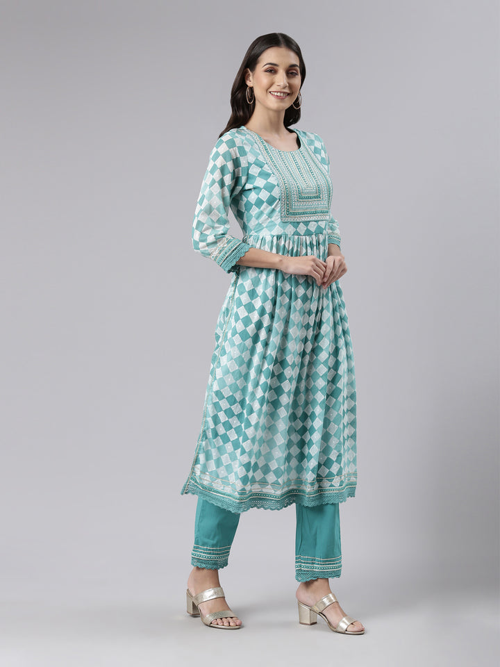 Neerus Sea Green Regular Calf Length Embroidered Kurta Solid Palazzos With Dupatta