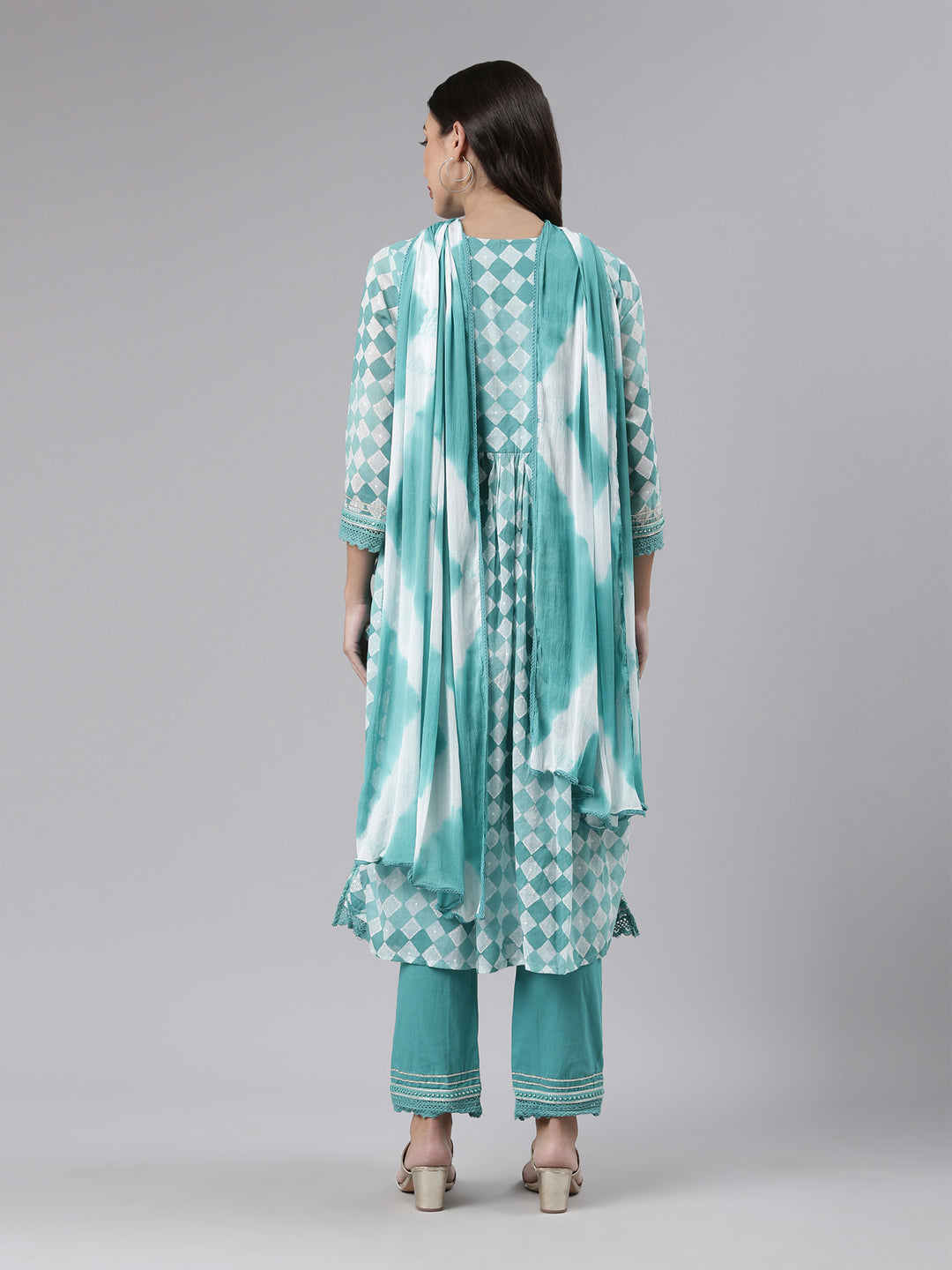 Neerus Sea Green Regular Calf Length Embroidered Kurta Solid Palazzos With Dupatta