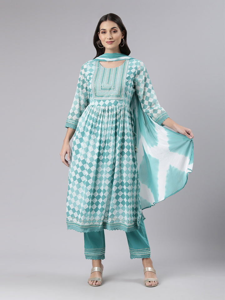 Neerus Sea Green Regular Calf Length Embroidered Kurta Solid Palazzos With Dupatta
