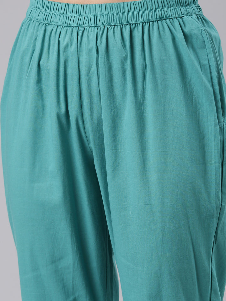 Neerus Sea Green Regular Calf Length Embroidered Kurta Solid Palazzos With Dupatta