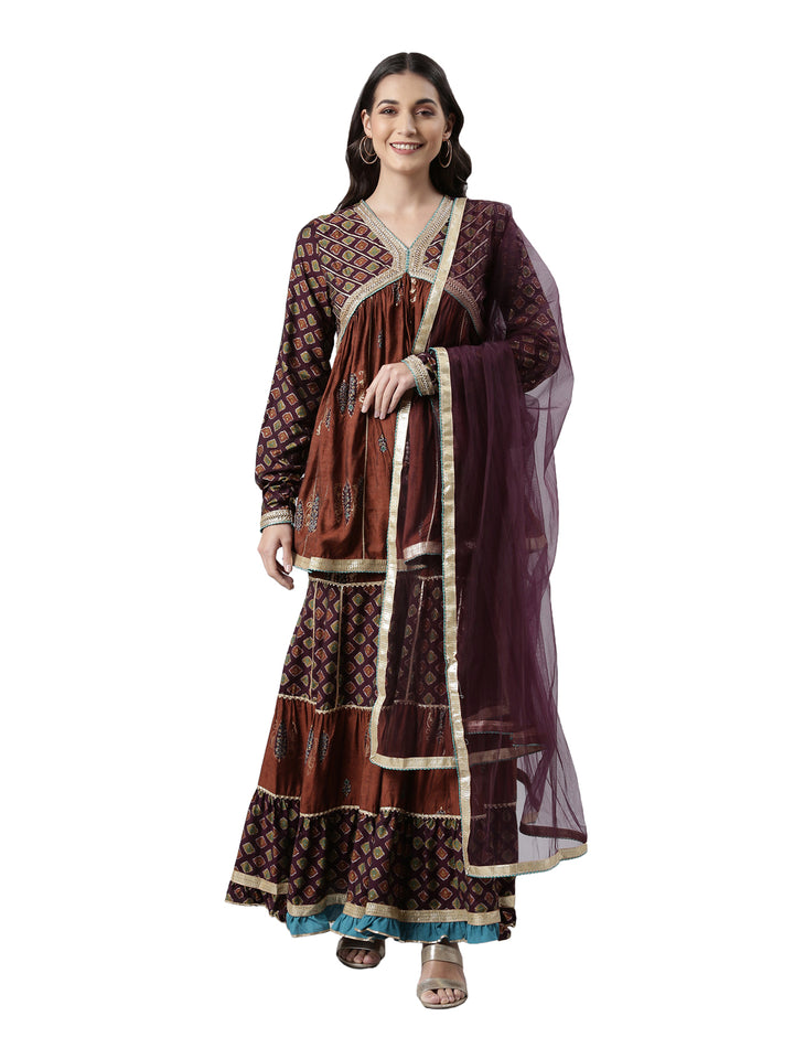 Neerus Brown Regular Above Knee Printed Kurta Printed Sharara With Dupatta