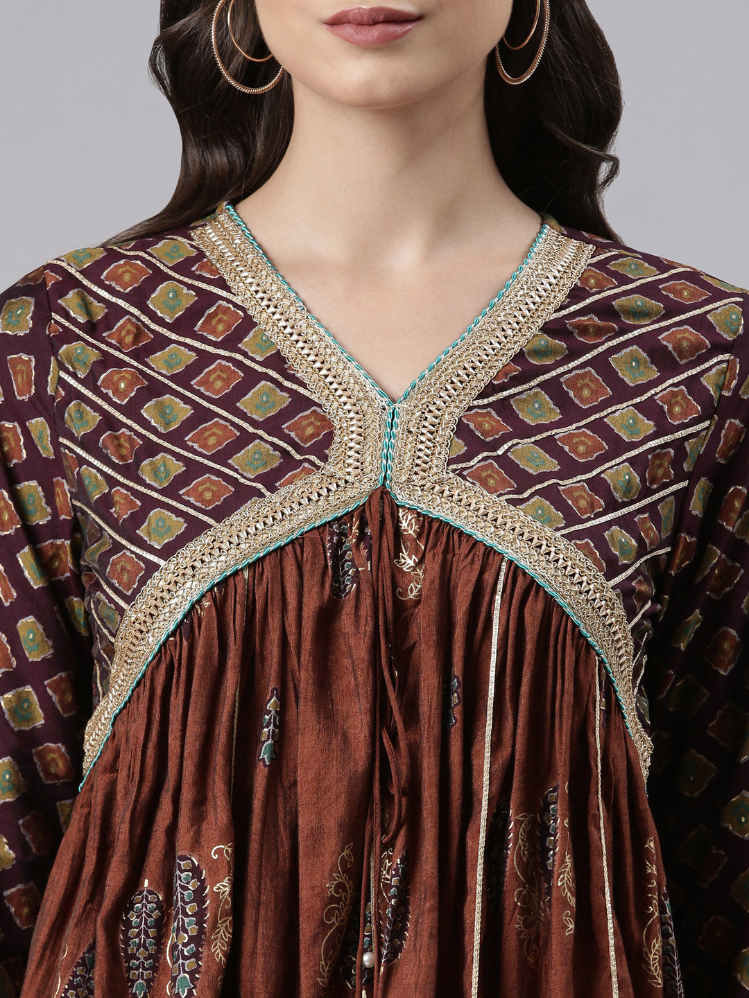 Neerus Brown Regular Above Knee Printed Kurta Printed Sharara With Dupatta