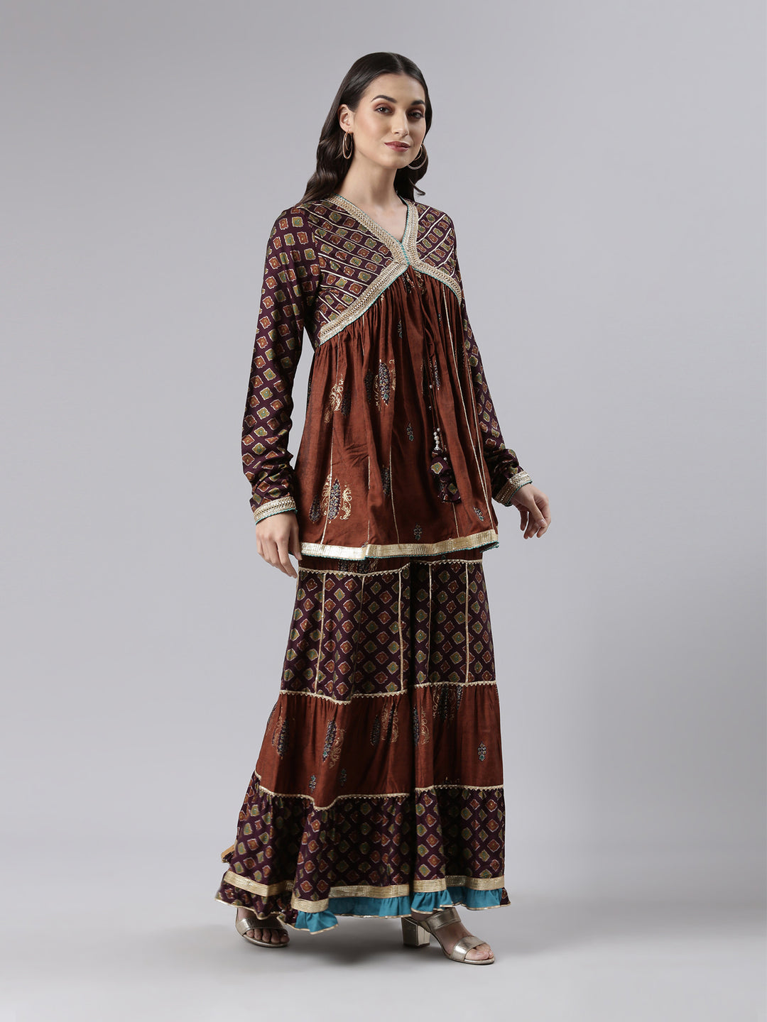 Neerus Brown Regular Above Knee Printed Kurta Printed Sharara With Dupatta