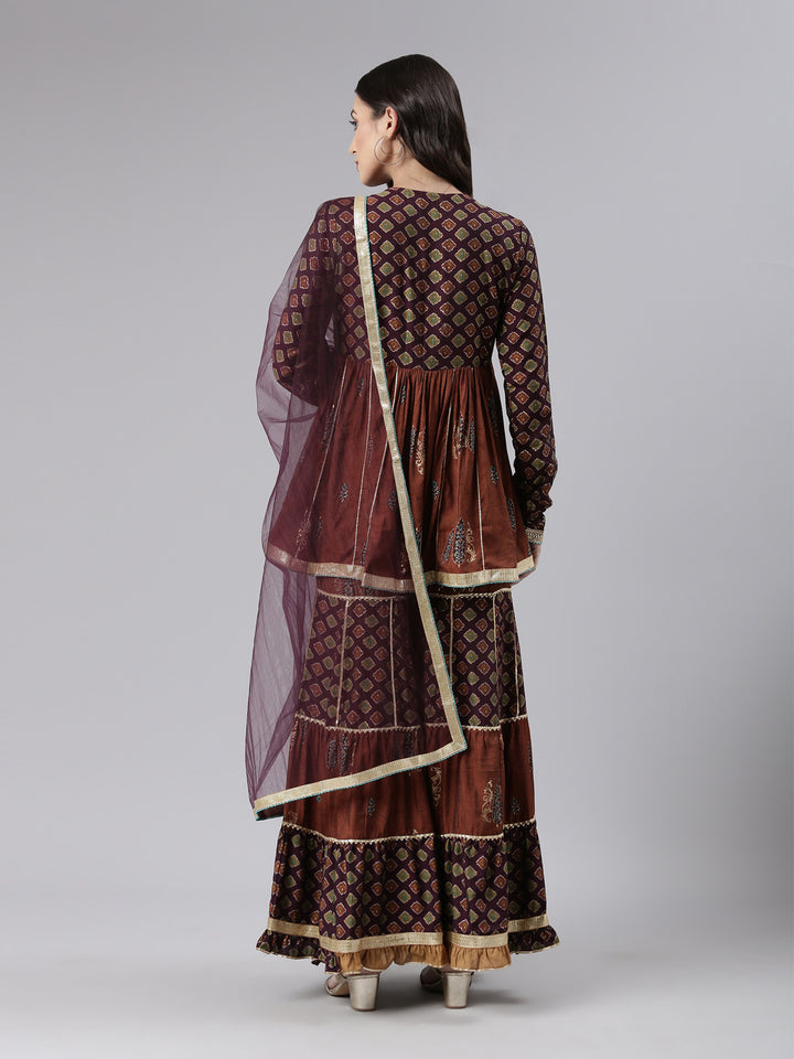 Neerus Brown Regular Above Knee Printed Kurta Printed Sharara With Dupatta