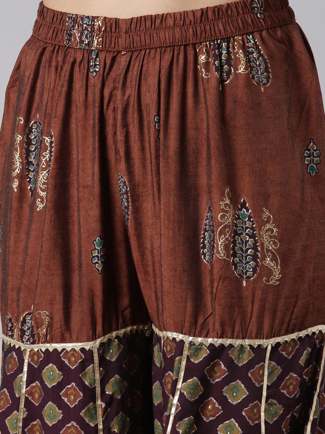 Neerus Brown Regular Above Knee Printed Kurta Printed Sharara With Dupatta