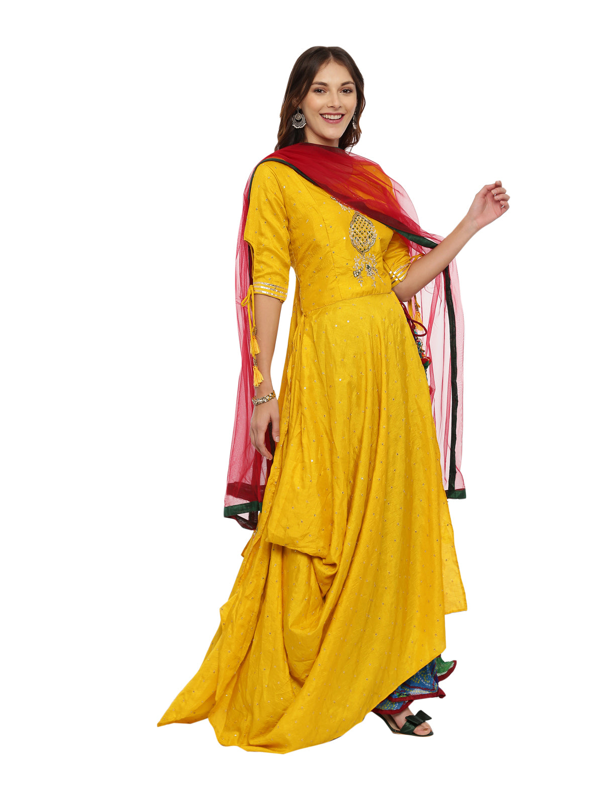 Neeru's Multicolor Embellished Kurta With Skirt & Dupatta