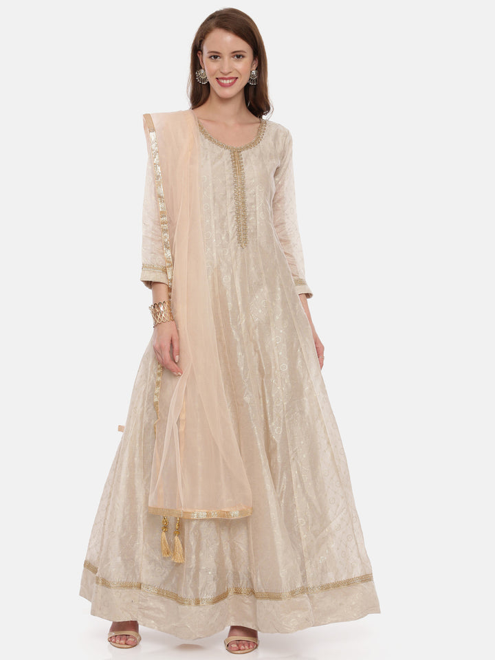 Neerus Beige Color Chanderi Fabric Full Sleeves Suit-Anarkali
