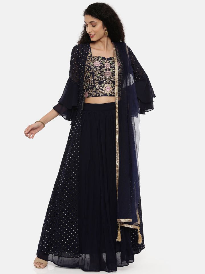 Neerus Navy Embroidered Top Skirt Set With Jacket & Shrug - Neerus India