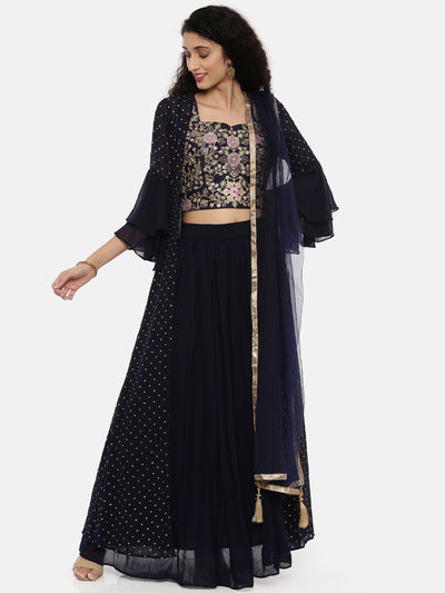 Neeru's Navy Embroidered Top Skirt Set With Jacket & Shrug