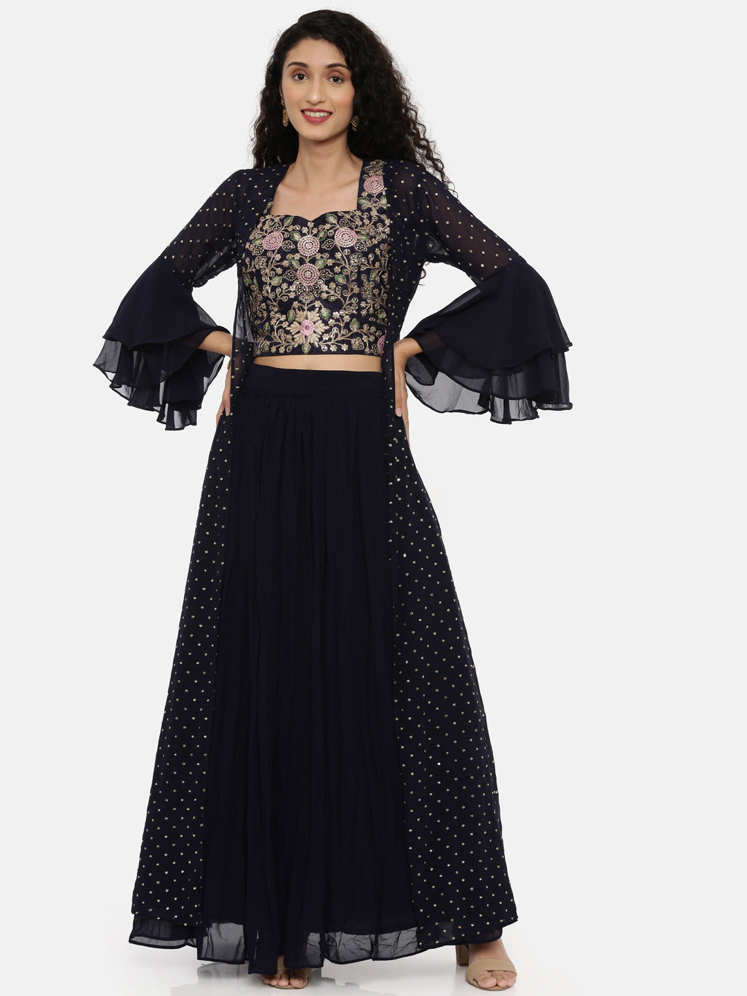 Neerus Navy Embroidered Top Skirt Set With Jacket & Shrug - Neerus India