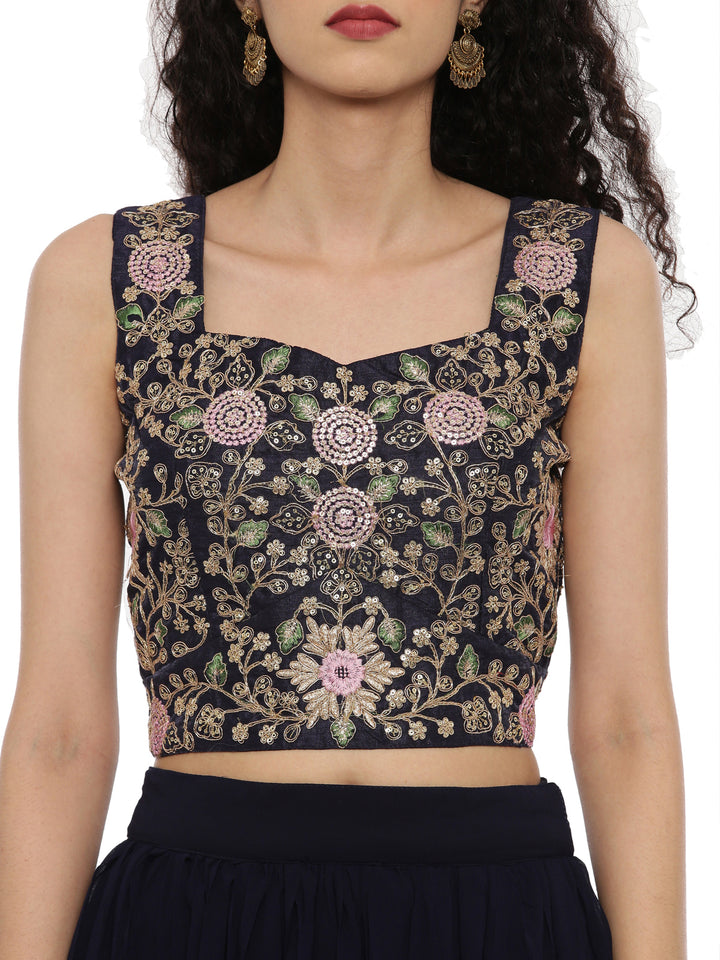 Neerus Navy Embroidered Top Skirt Set With Jacket & Shrug - Neerus India