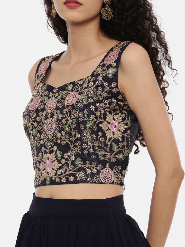 Neerus Navy Embroidered Top Skirt Set With Jacket & Shrug - Neerus India