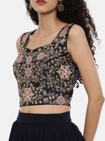 Neeru's Navy Embroidered Top Skirt Set With Jacket & Shrug