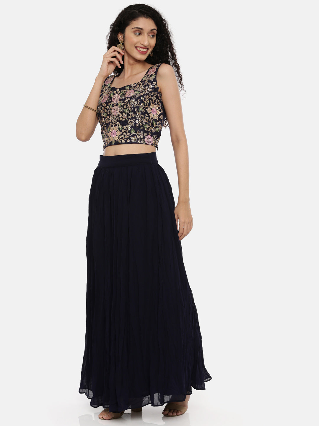 Neerus Navy Embroidered Top Skirt Set With Jacket & Shrug - Neerus India