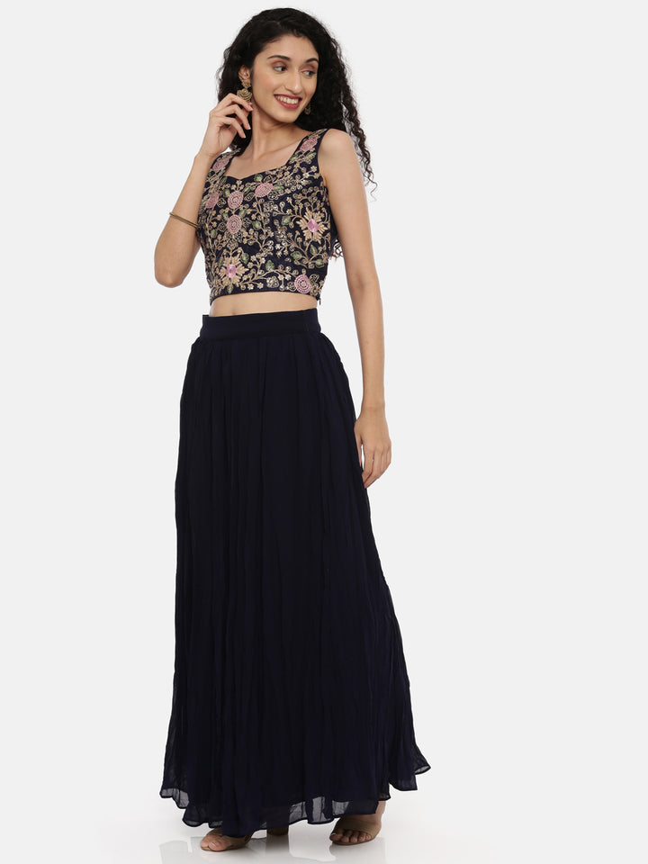 Neerus Navy Embroidered Top Skirt Set With Jacket & Shrug - Neerus India