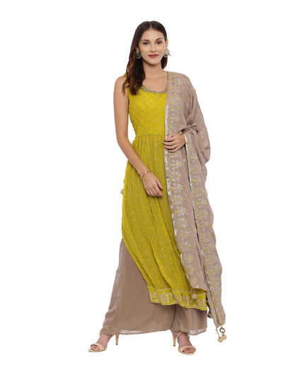 Neeru'S Mustard Color, Georgette Fabric Sleeveless Suit-Plazzo