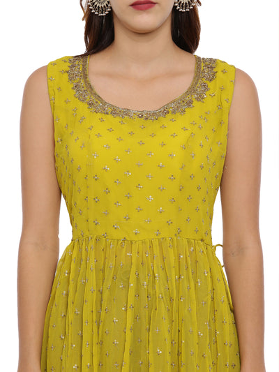 Neeru'S Mustard Color, Georgette Fabric Sleeveless Suit-Plazzo