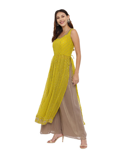 Neeru'S Mustard Color, Georgette Fabric Sleeveless Suit-Plazzo
