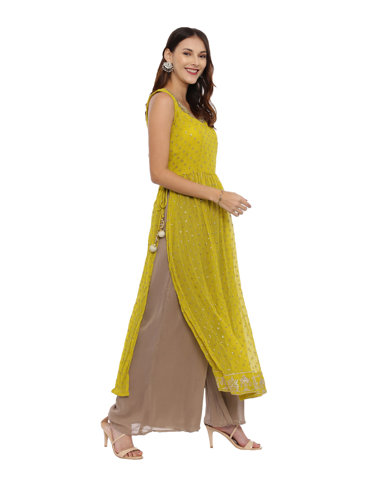 Neeru'S Mustard Color, Georgette Fabric Sleeveless Suit-Plazzo