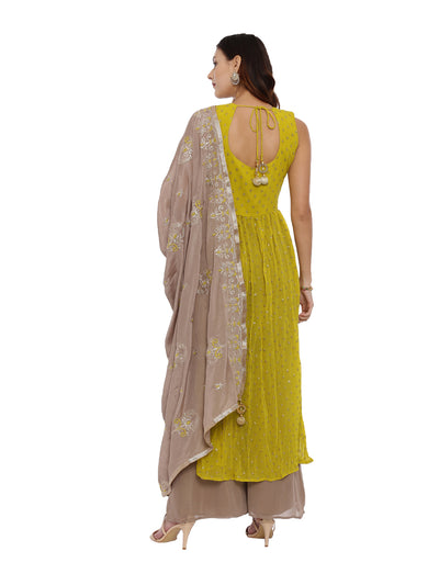 Neeru'S Mustard Color, Georgette Fabric Sleeveless Suit-Plazzo