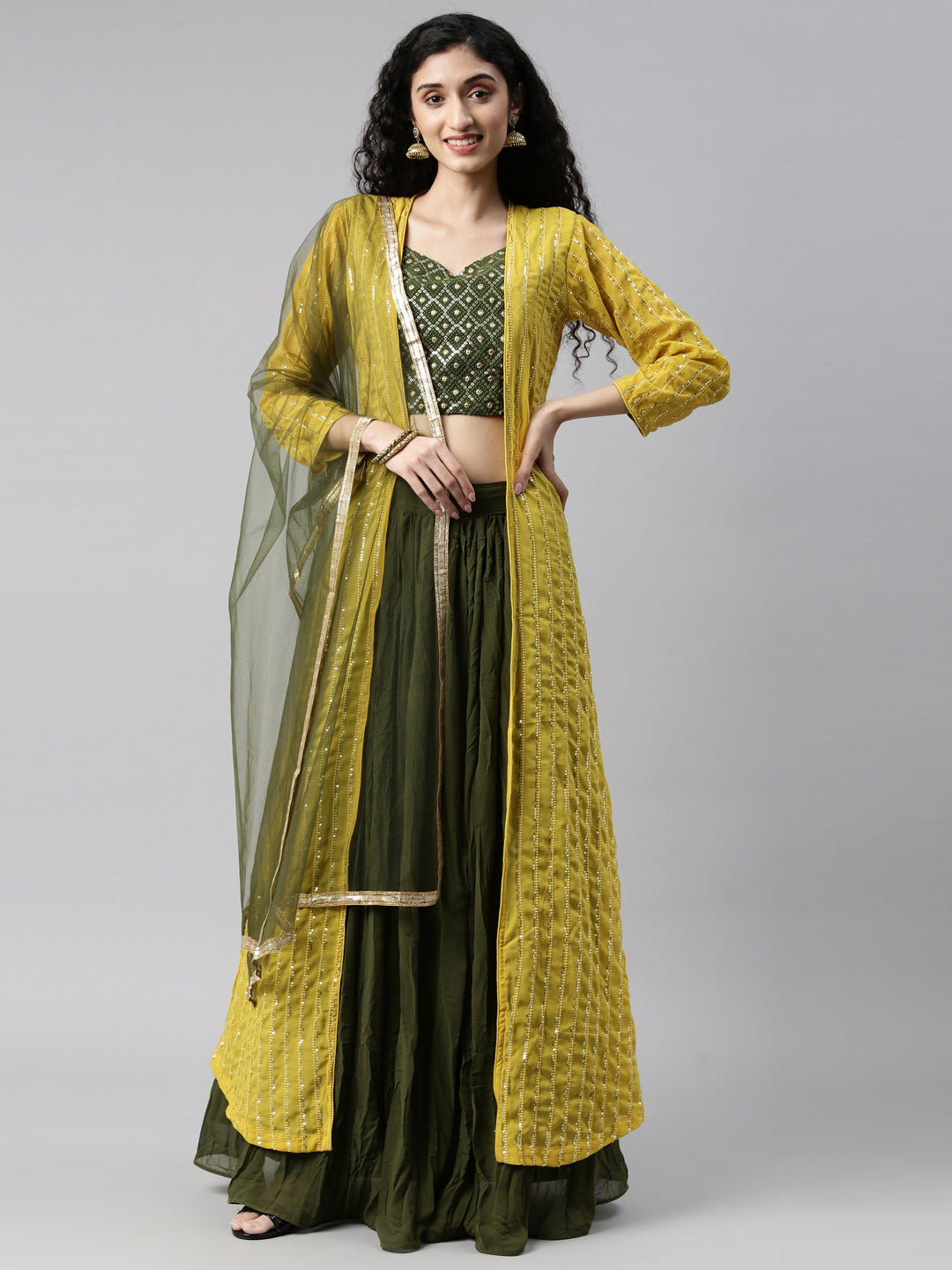 Neerus Mehadi Green Color Georgette Fabric Suit Set