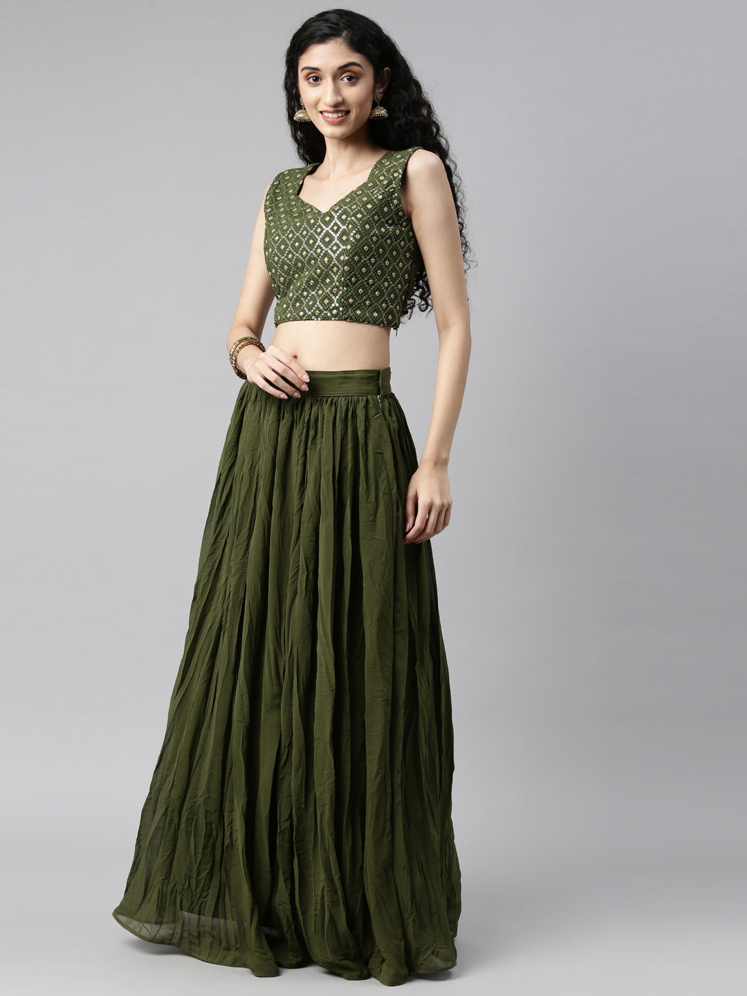 Neeru'S MEHADI GREEN color, GEORGETTE fabric Suit Set