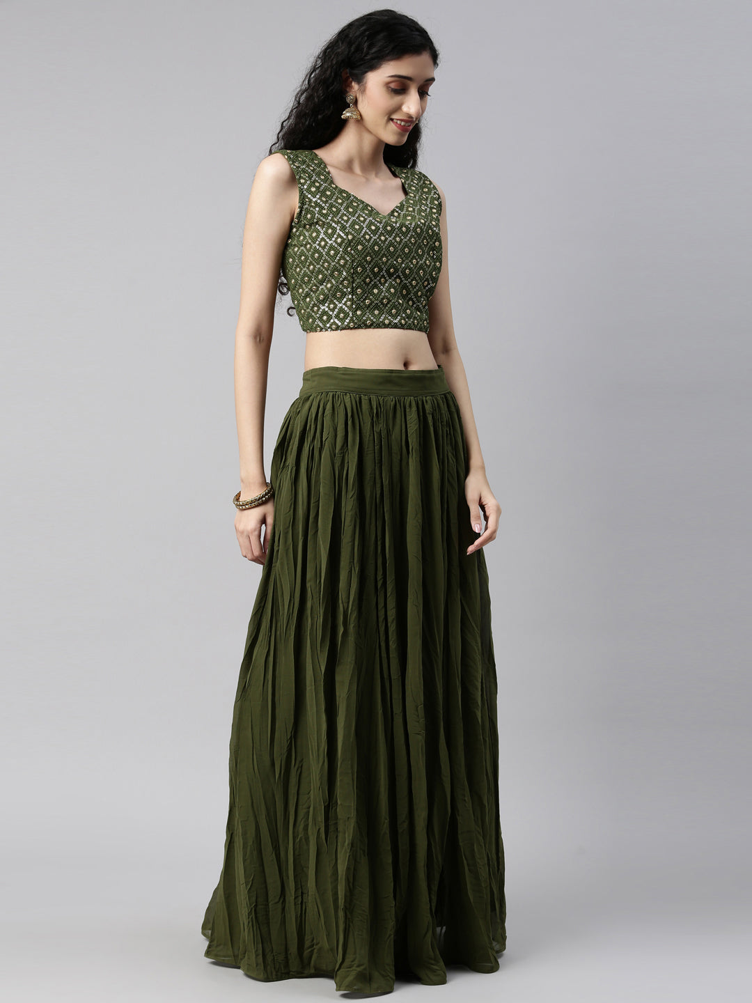 Neerus Green georgette embellished suit set crop top skirt jacket - detail view 20