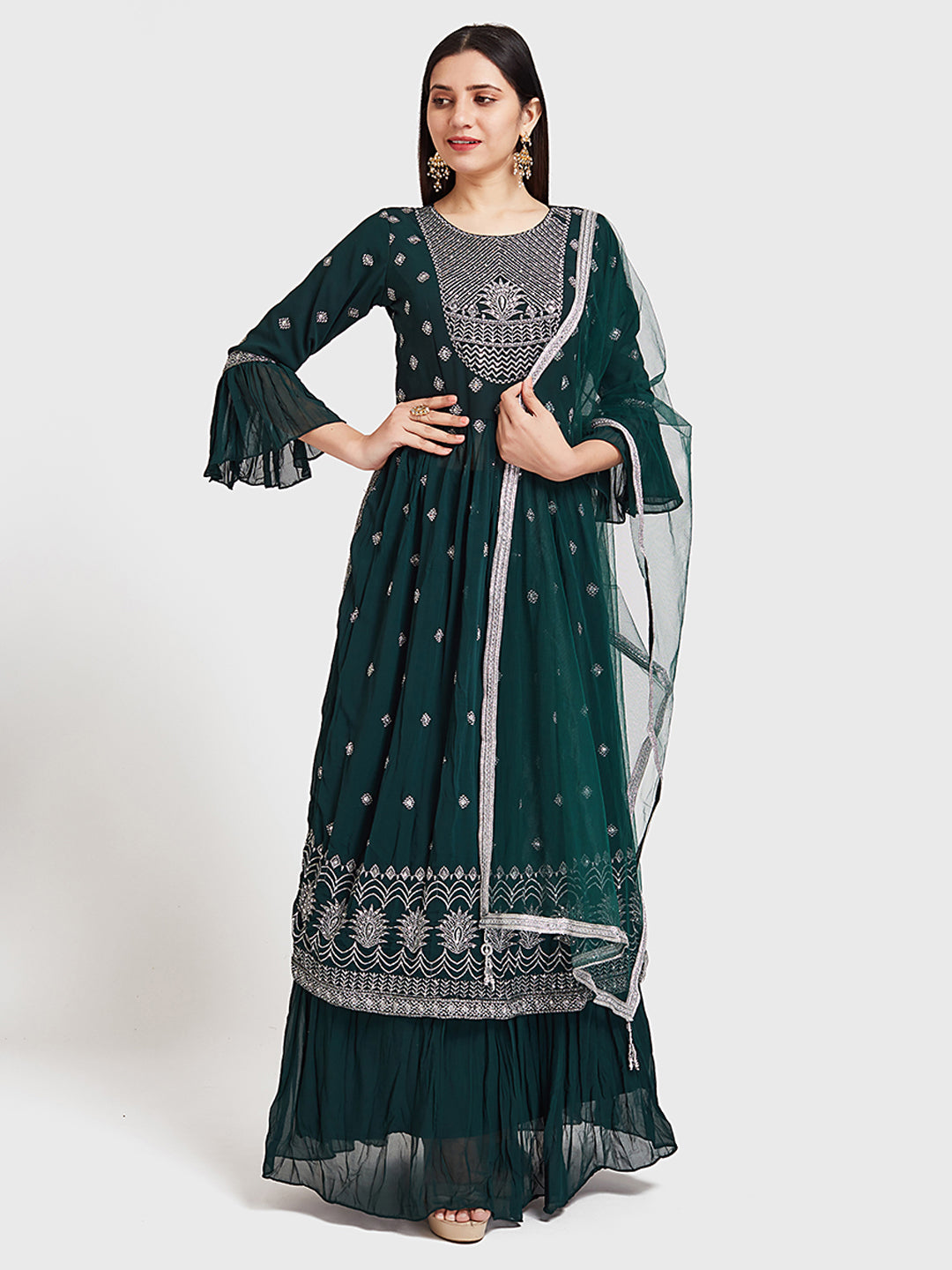 Neerus Green embroidered kurta set with skirt and dupatta - detail view 3