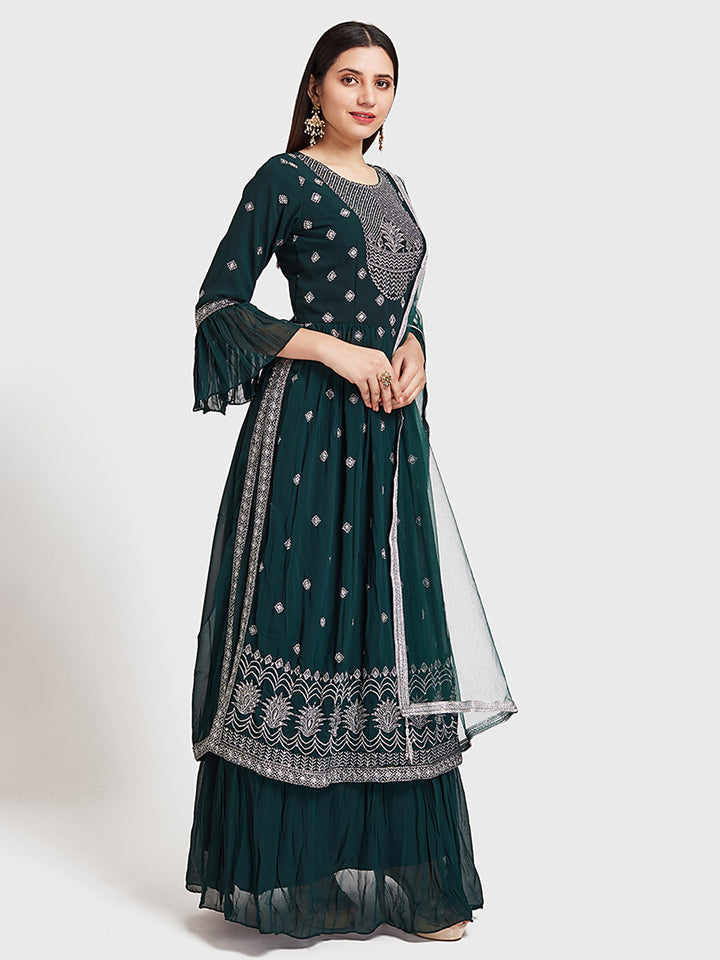 Neerus Green embroidered kurta set with skirt and dupatta - front view