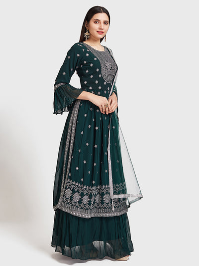 Neeru's Green Embroidered Kurta With Skirt & Dupatta