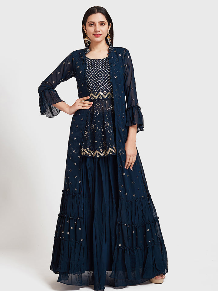 Neerus Blue Georgette Printed Anarkali Suit Set - front view