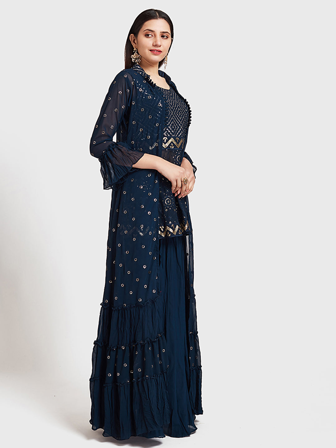 Neerus Blue Georgette Printed Anarkali Suit Set - side view