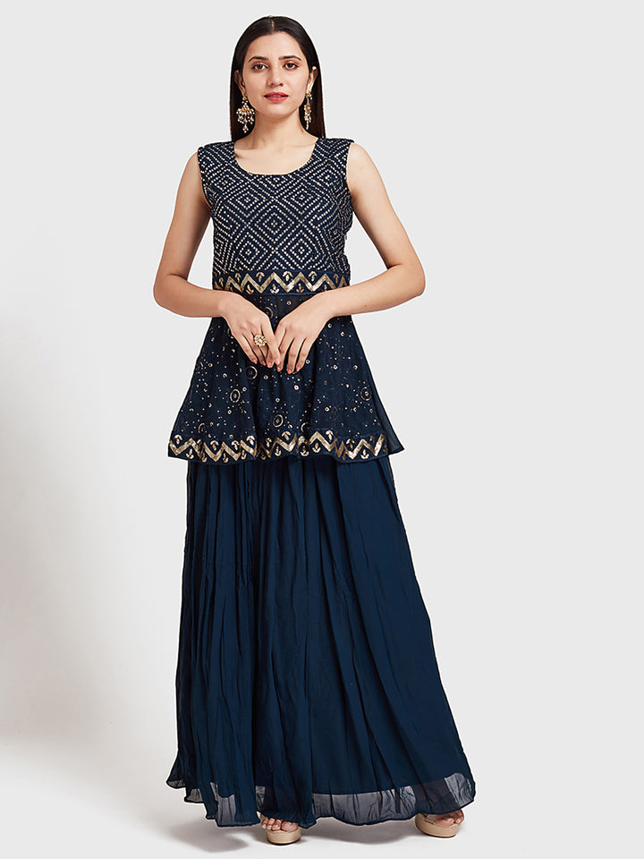 Neerus Blue Georgette Printed Anarkali Suit Set - back view