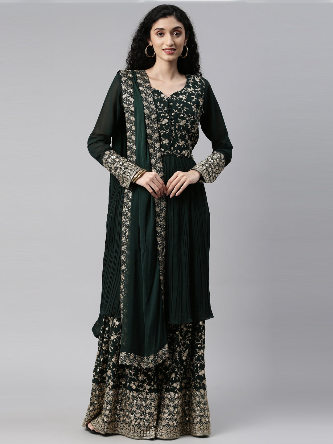 Neerus Green georgette printed kurta set - front view