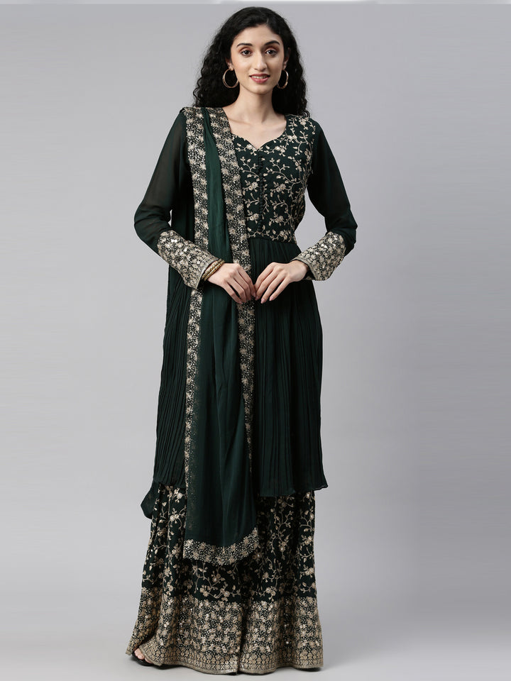 Neerus Green georgette printed kurta set - front view
