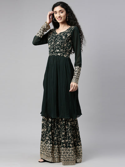 Neeru'S bottle green color, georgette fabric kurta set