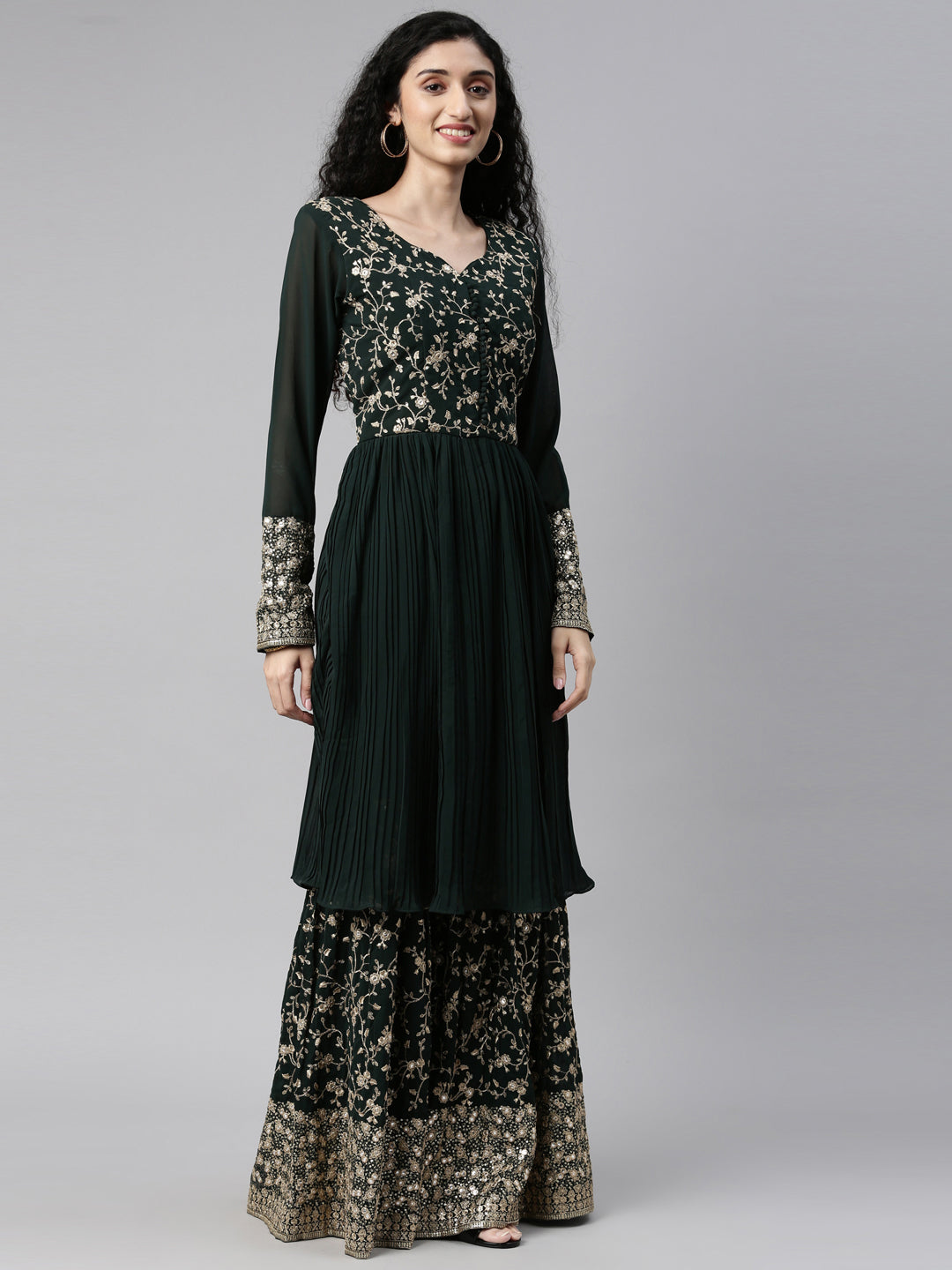 Neeru'S bottle green color, georgette fabric kurta set