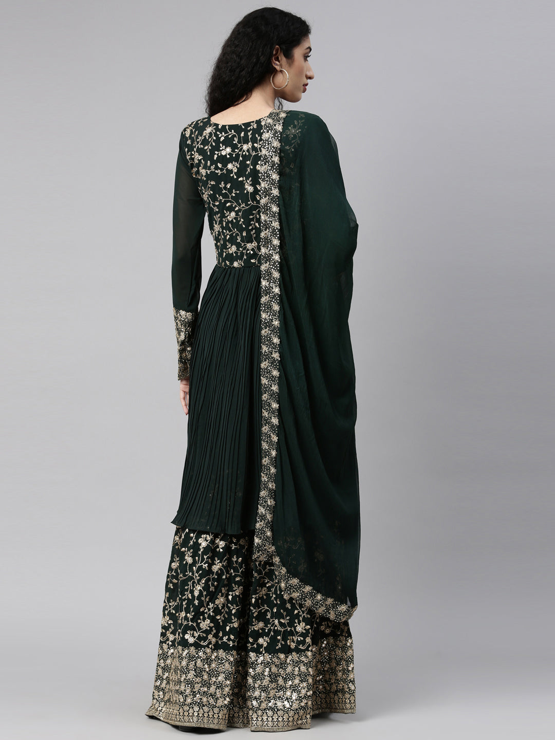 Neeru'S bottle green color, georgette fabric kurta set