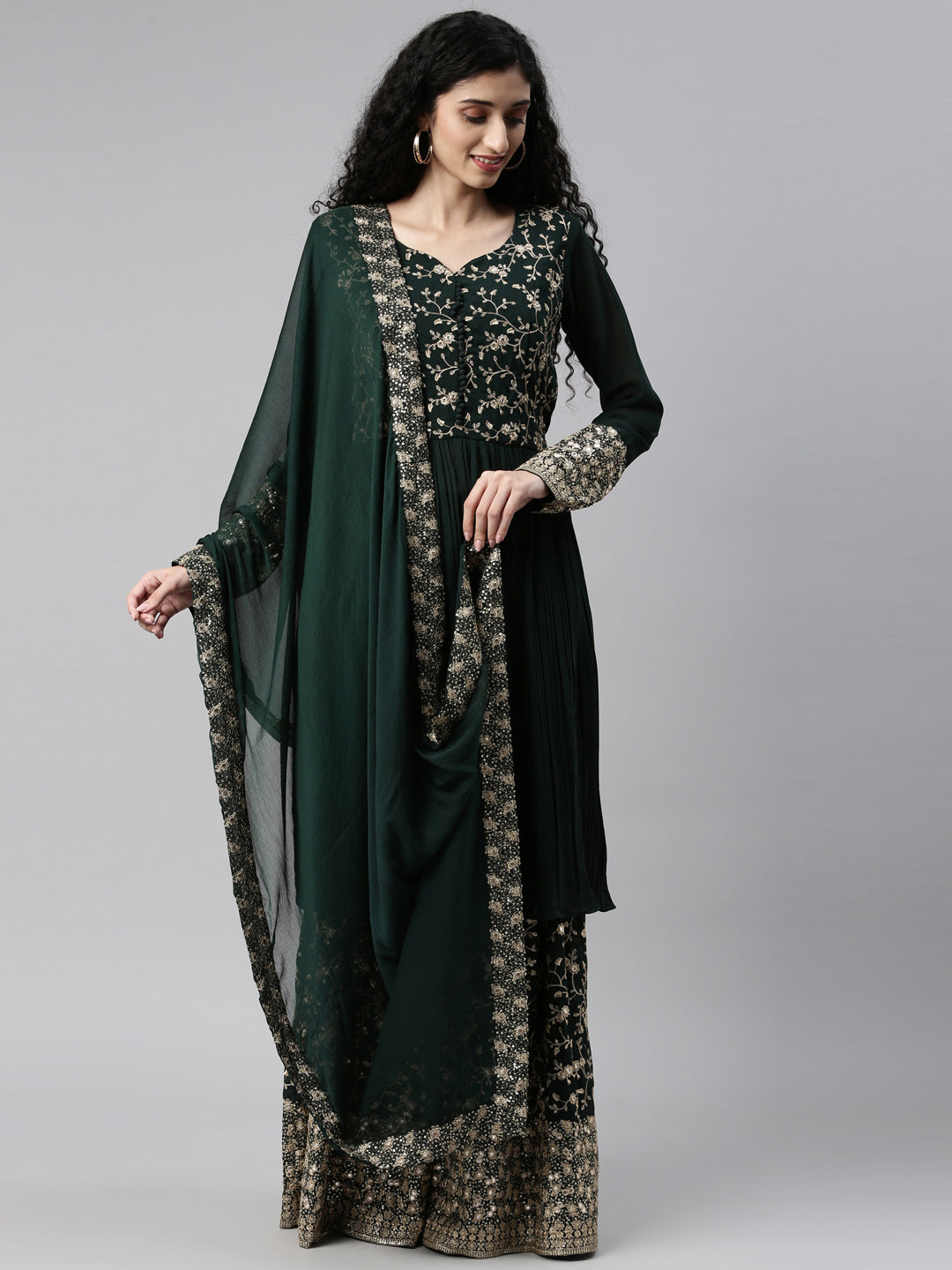 Neeru'S bottle green color, georgette fabric kurta set