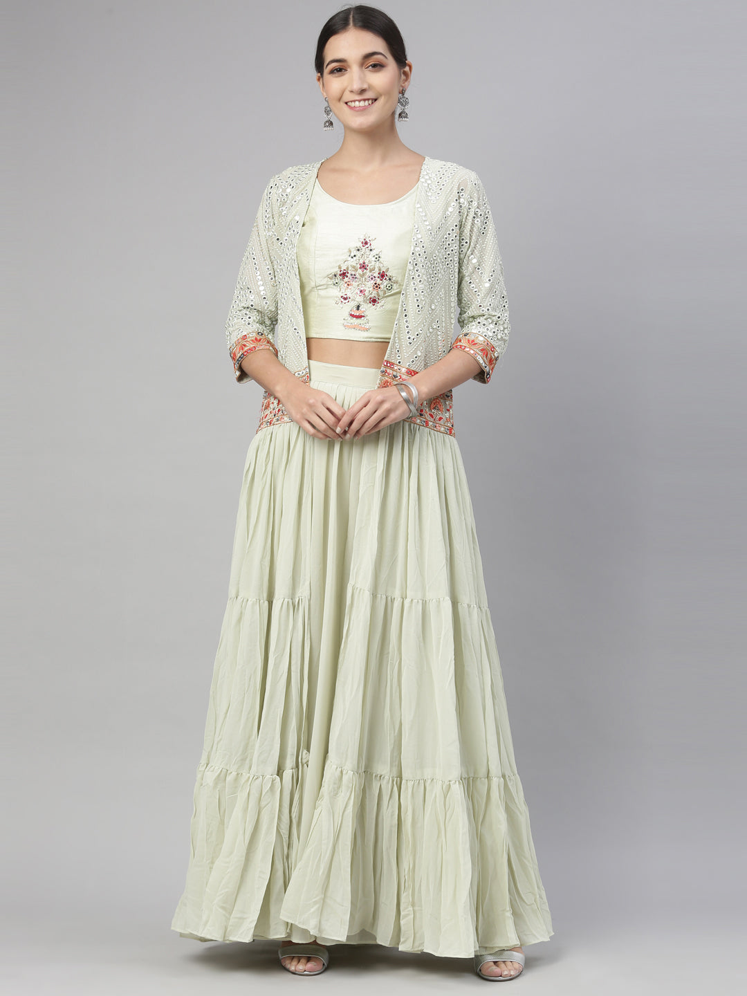 Neerus Pista Green Color Georgette Fabric Suit Set