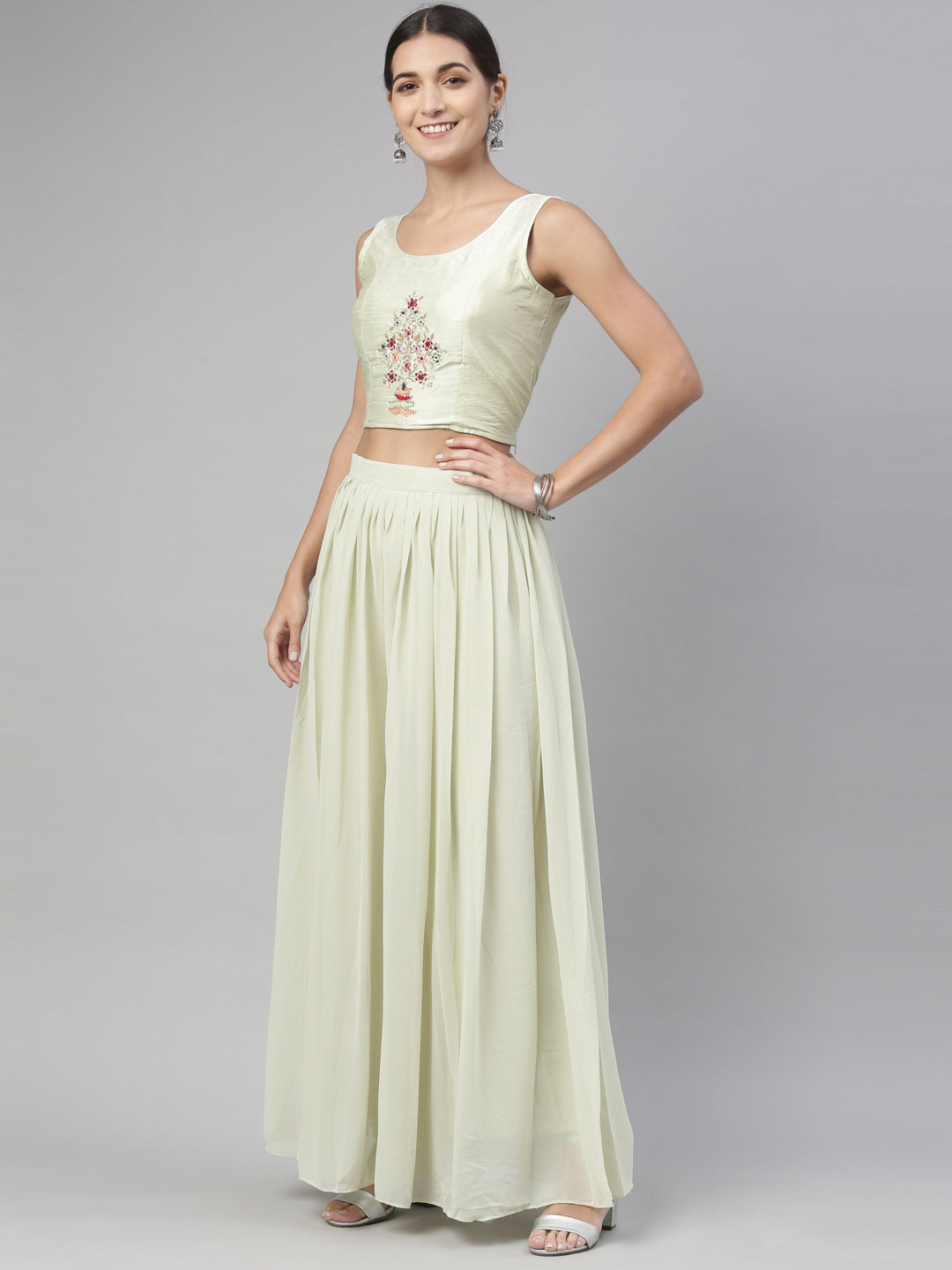 Neerus Pista Green Color Georgette Fabric Suit Set