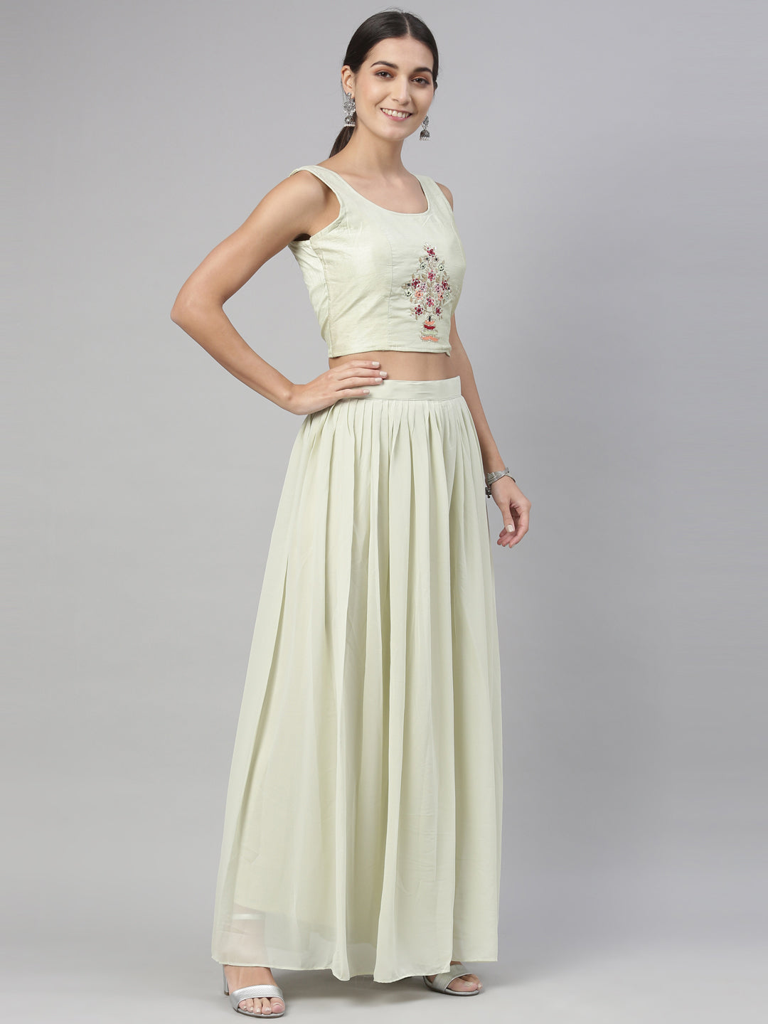 Neerus Pista Green Color Georgette Fabric Suit Set