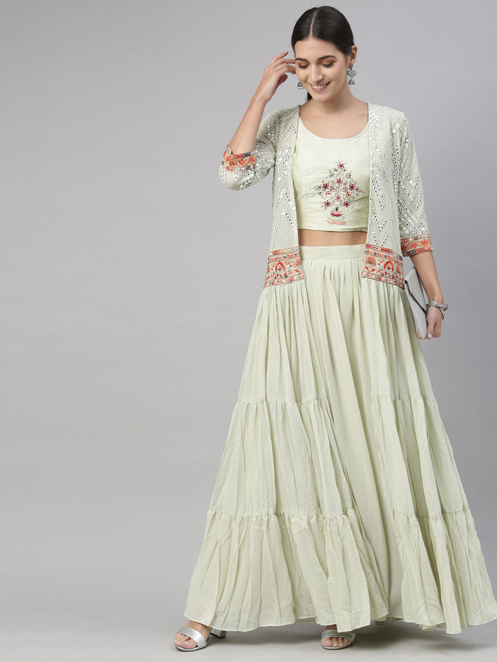 Neerus Pista Green Color Georgette Fabric Suit Set