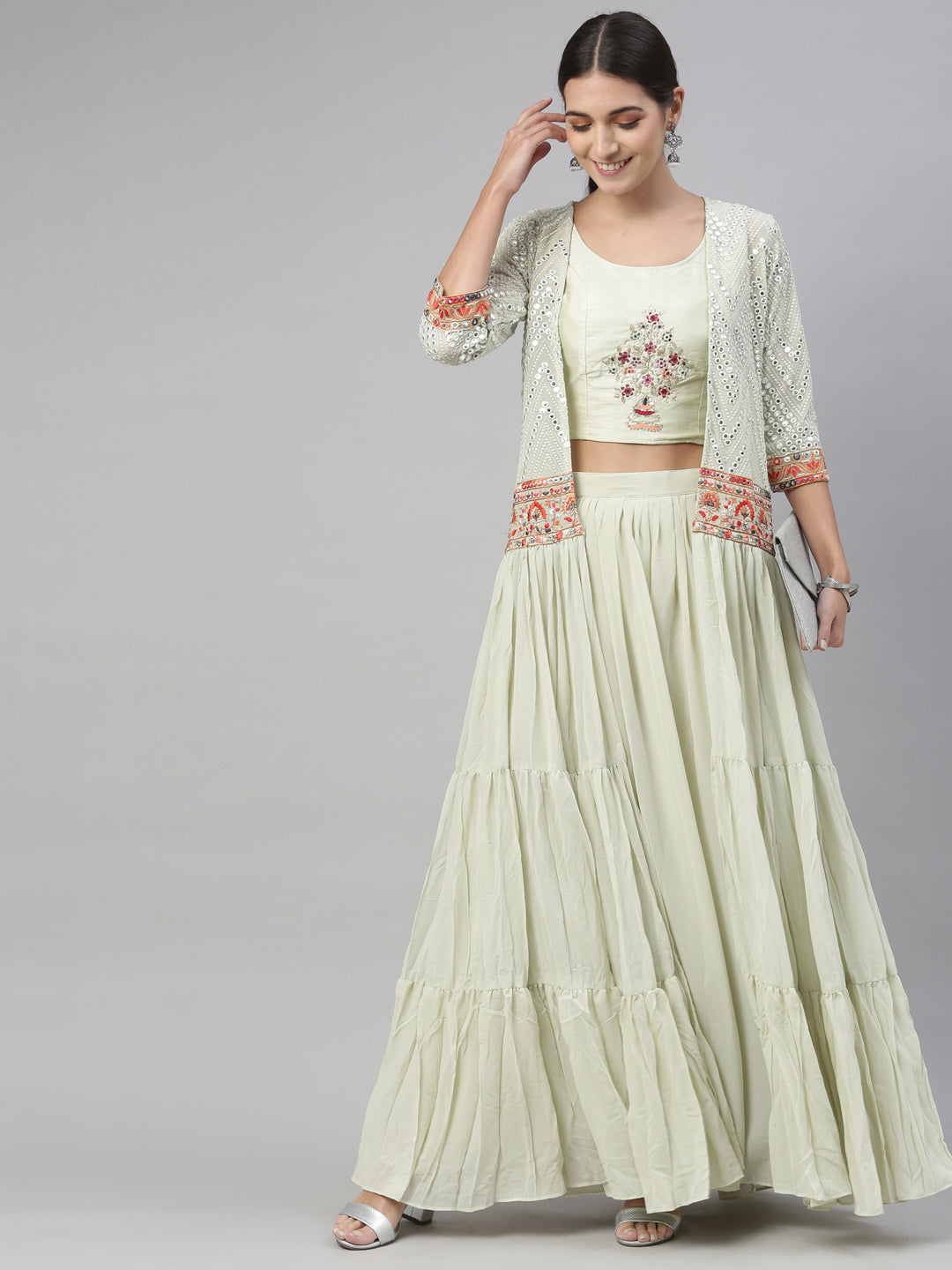 Neerus Pista Green Color Georgette Fabric Suit Set