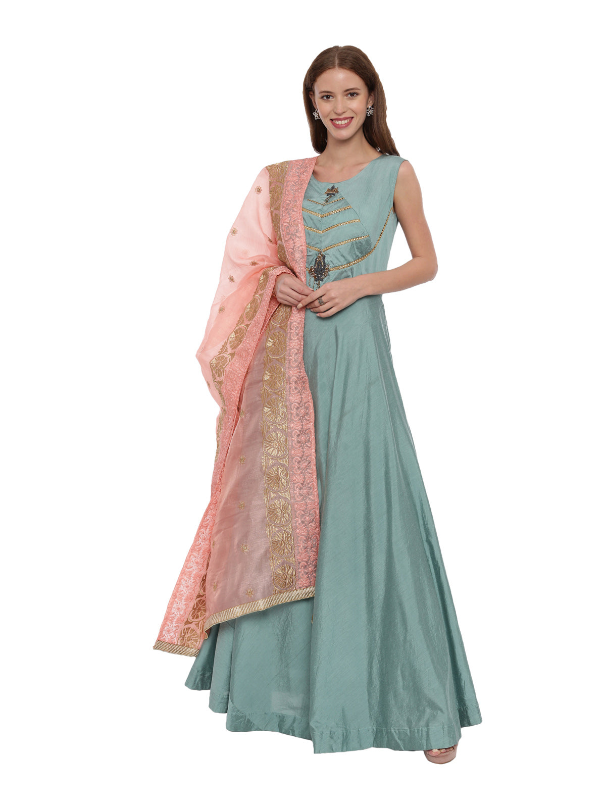 Neeru's Sea Green Color Chanderi Silk Fabric Suit-Anarkali