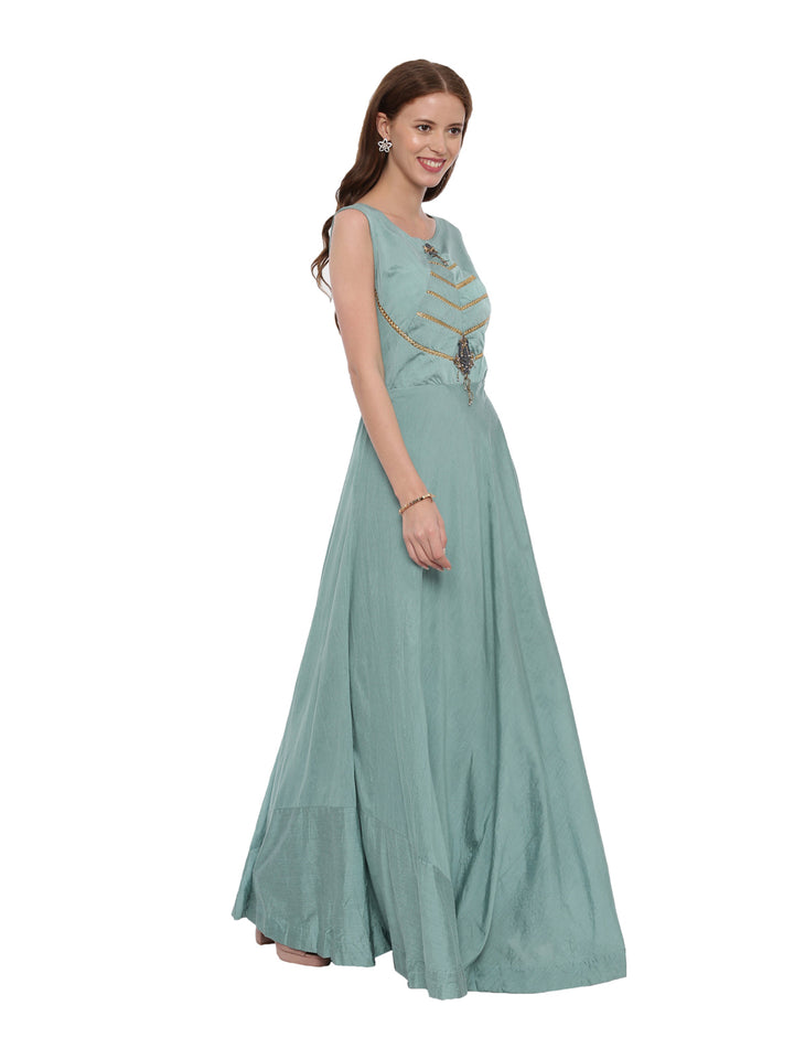 Neerus Green Chanderi Embroidered Anarkali Suit - side view