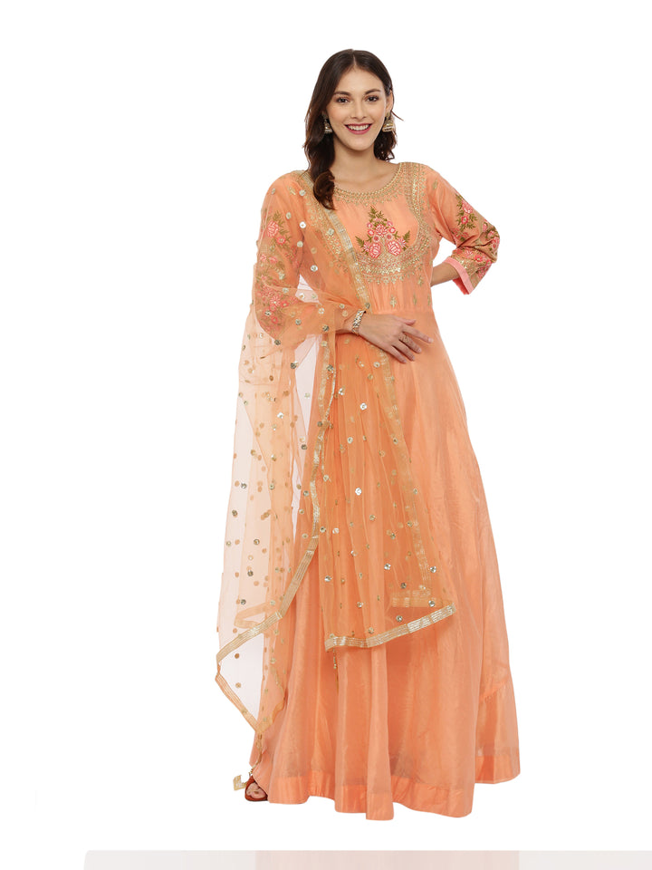 Neerus Orange Chanderi Anarkali suit set - front view