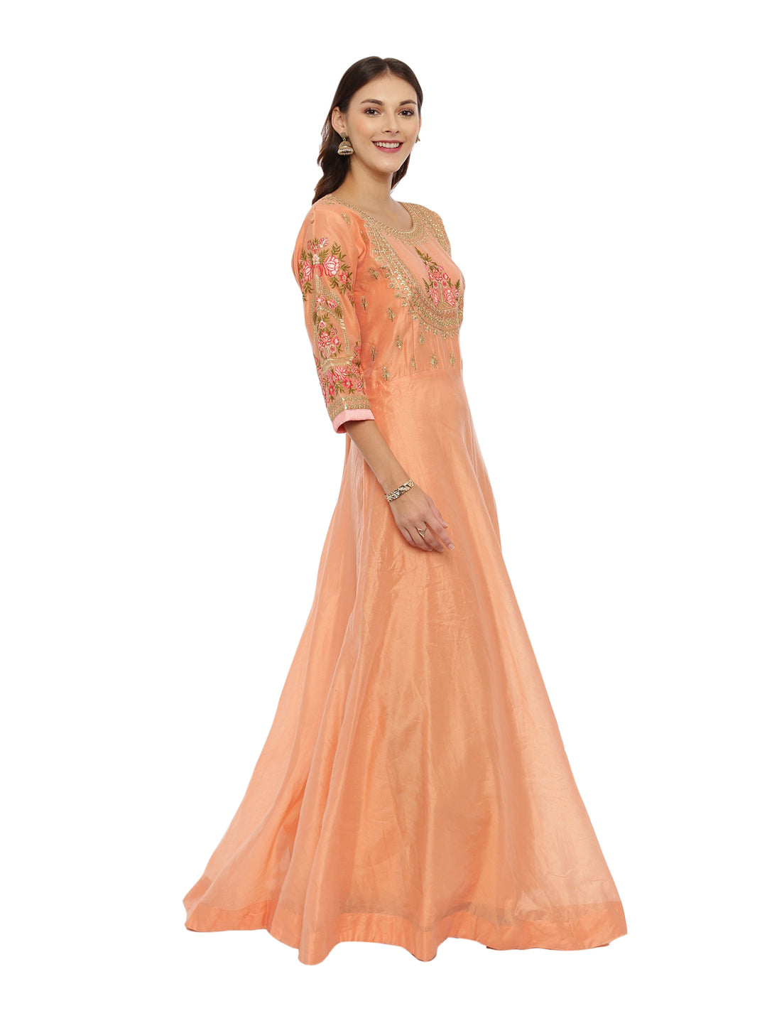 Neerus Orange Chanderi Anarkali suit set - side view