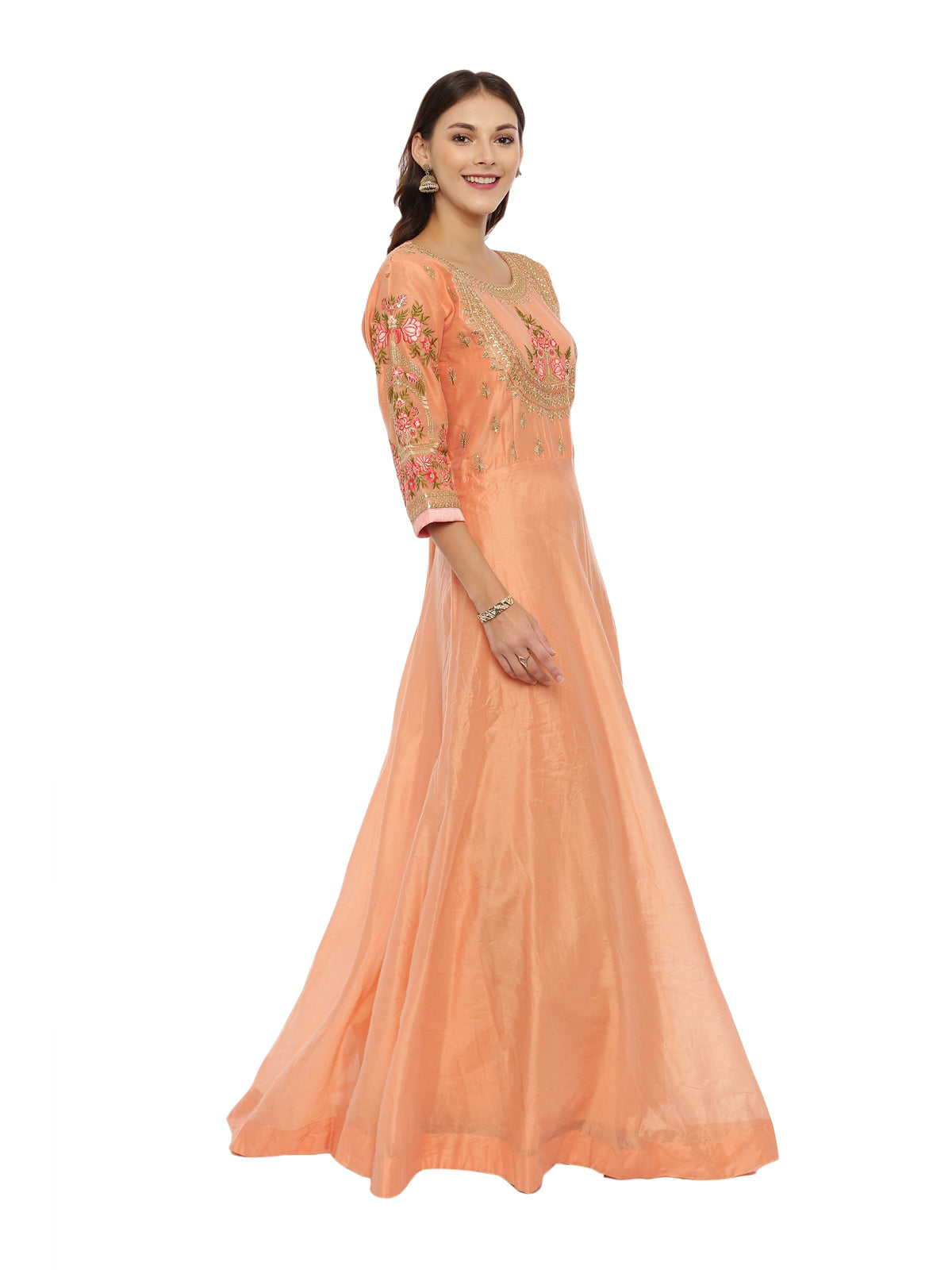 Neeru's Peach Color Chanderi Fabric Suit-Anarkali