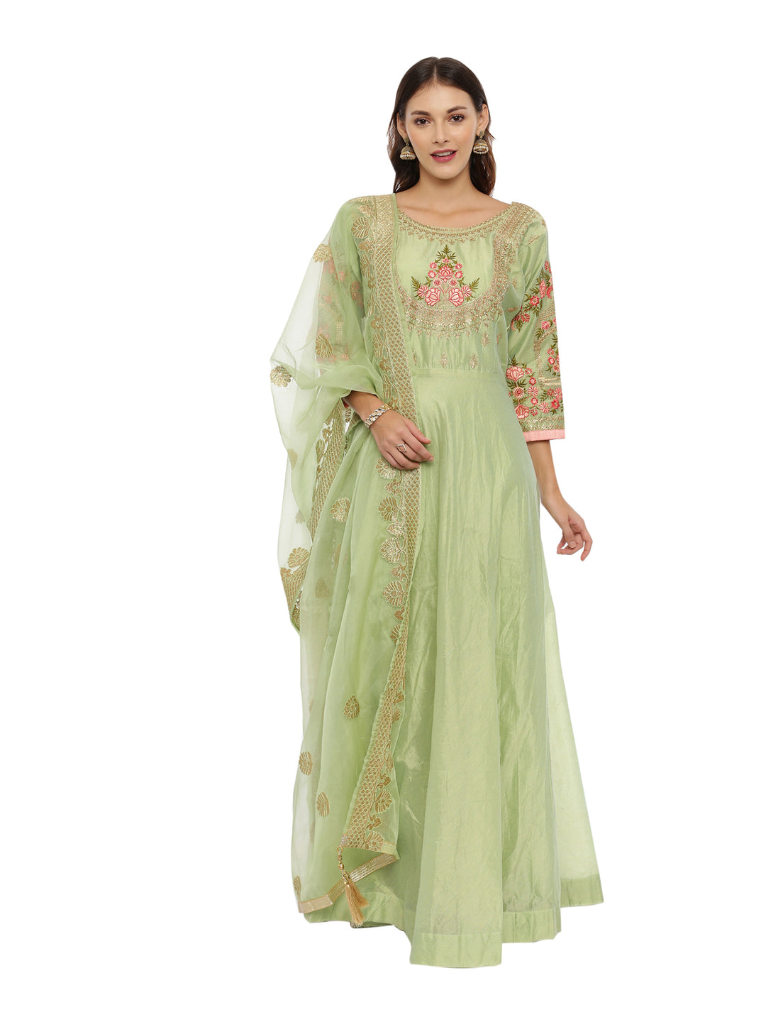 Neerus Pista Green Color Chanderi Fabric Suit-Anarkali